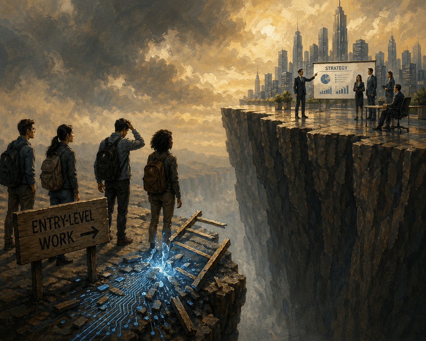 A dramatic, oil-painting-style scene shows a wide, uncrossable chasm between two cliffs. On the near cliff, four young professionals in business-casual clothing with backpacks stand at the edge, looking up with concern and determination. A wooden sign beside them reads “Entry-Level Work →,” pointing toward a broken ladder that has collapsed at the cliff’s edge. The ladder appears shattered with glowing blue, circuit-like fragments, suggesting it was destroyed by technology or AI. Across the gap, on the far cliff, a group of established business professionals in formal attire confidently present a strategy on a board, with a modern city skyline rising behind them. The lighting is cinematic and moody, emphasizing the stark divide between the two groups.