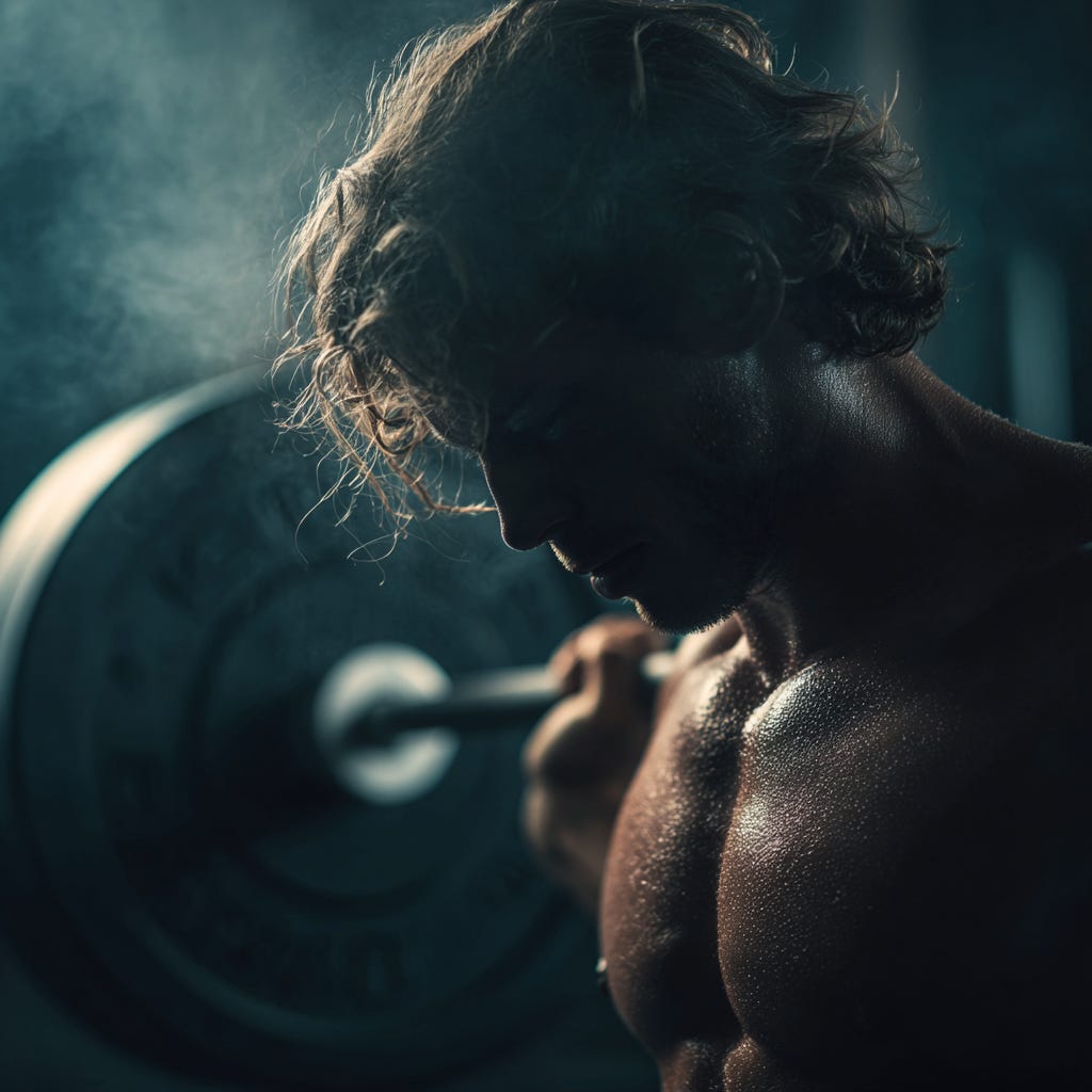 Fit, strong, male bodybuilder performing tempo squats in the gym with a dark background