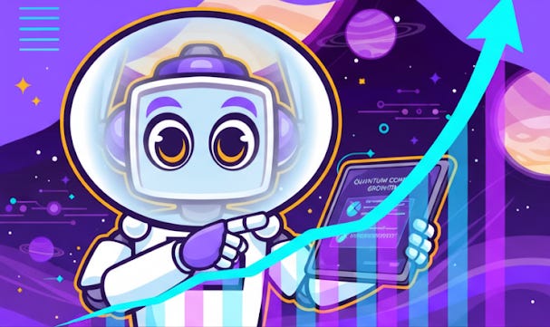 A rectangular image showing the Neuralbuddy character, a friendly light blue robot in a clear helmet, pointing at a transparent tablet displaying a chart with an upward-curving line representing "Quantum Computing Growth." In the background, there's a stylized purple and dark blue space scene with planets and stars, and a large teal arrow dramatically illustrates exponential growth across the image