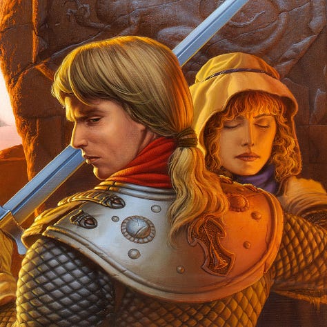 LEFT: Background detail from THE DRAGON’S SWORD featuring a trio of dragons in flight. A plume of smoke drifts to form a zig zag in the sky. In the foreground a dragon is etched in relief on the broken stone face behind the figures.  CENTER: Detail from THE DRAGON’S SWORD he wears a red scarf around his neck and his long hair is tied in a ponytail. He holds a plain steel sword with a guard curving from hilt to pommel to protect his leather gloved hand. His opposite hand rests on the shoulder of a woman standing with her eyes closed in grief. His eyes are slit as he glances back to the audience.  RIGHT: Figure detail from THE DRAGON’S SWORD featuring an armored man with his back to the audience and head turned in profile. Over his right shoulder is a woman whose curly red hair is covered with cloth with a tight thin band high on the crown of her head. Her eyes are closed and her face a mask of quiet grief.