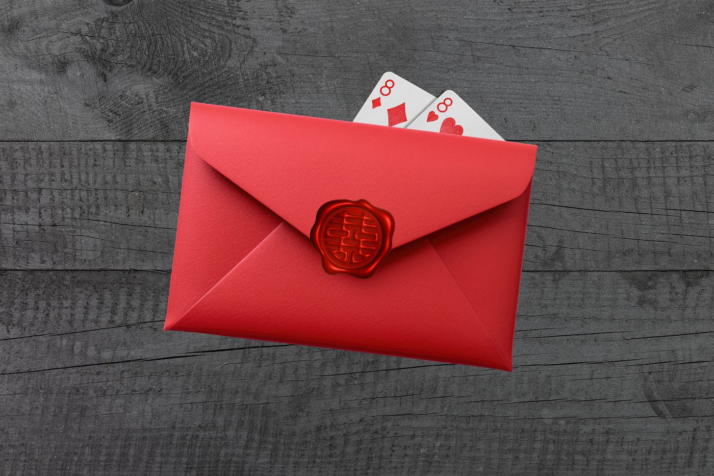 A bright red envelope lies on a dark grey wooden background. The envelope is sealed with a red wax seal featuring the Chinese "double happiness" symbol (ć). Peeking out from behind the top of the envelope are two playing cards: the Eight of Diamonds and the Eight of Hearts. A bright red envelope lies on a dark grey wooden background. The envelope is sealed with a red wax seal featuring the Chinese "double happiness" symbol (ć). Peeking out from behind the top of the envelope are two playing cards: the Eight of Diamonds and the Eight of Hearts.