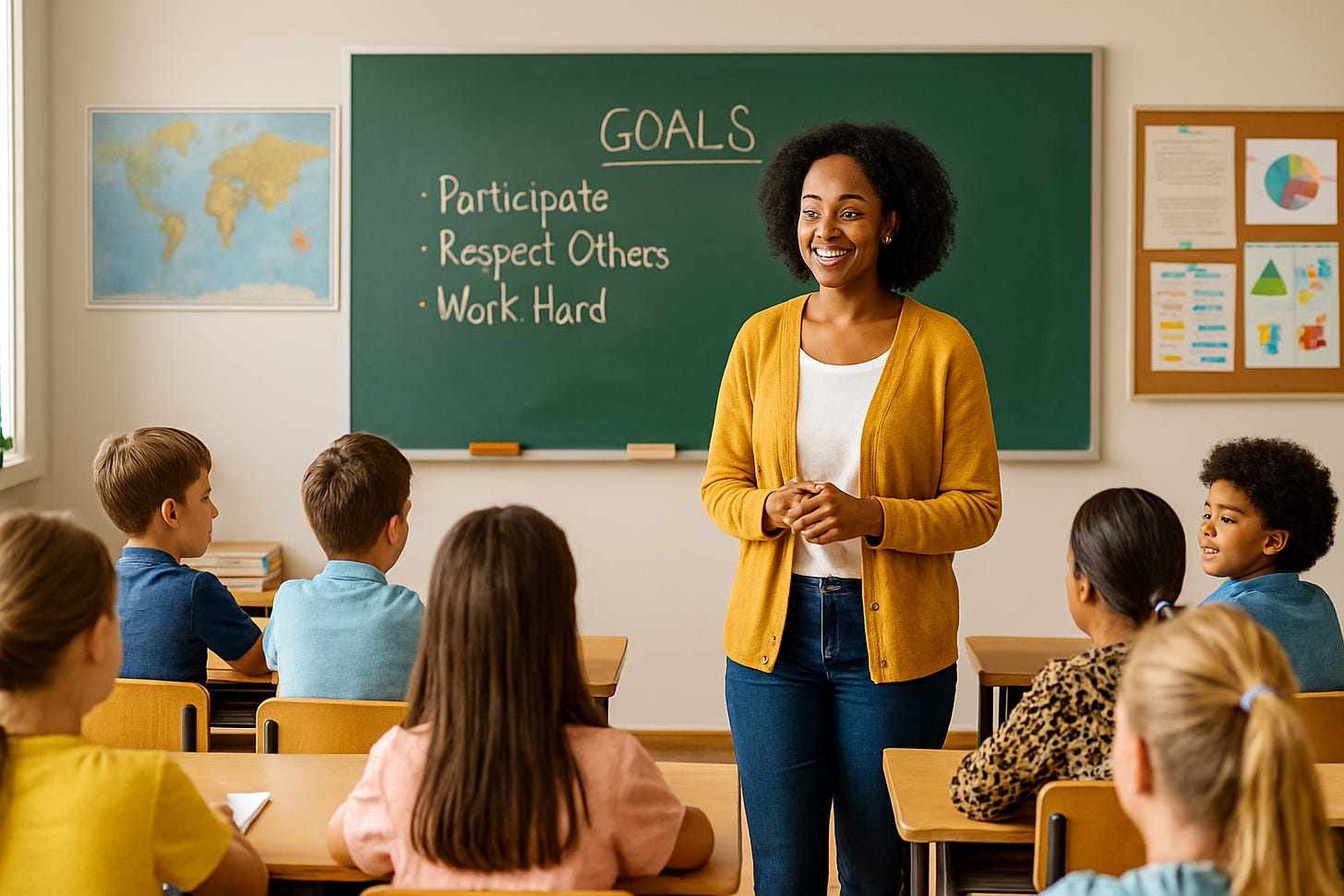 Teacher leading a class with a goals list on the board while students face forward, showing proactive routines taught before problems start.