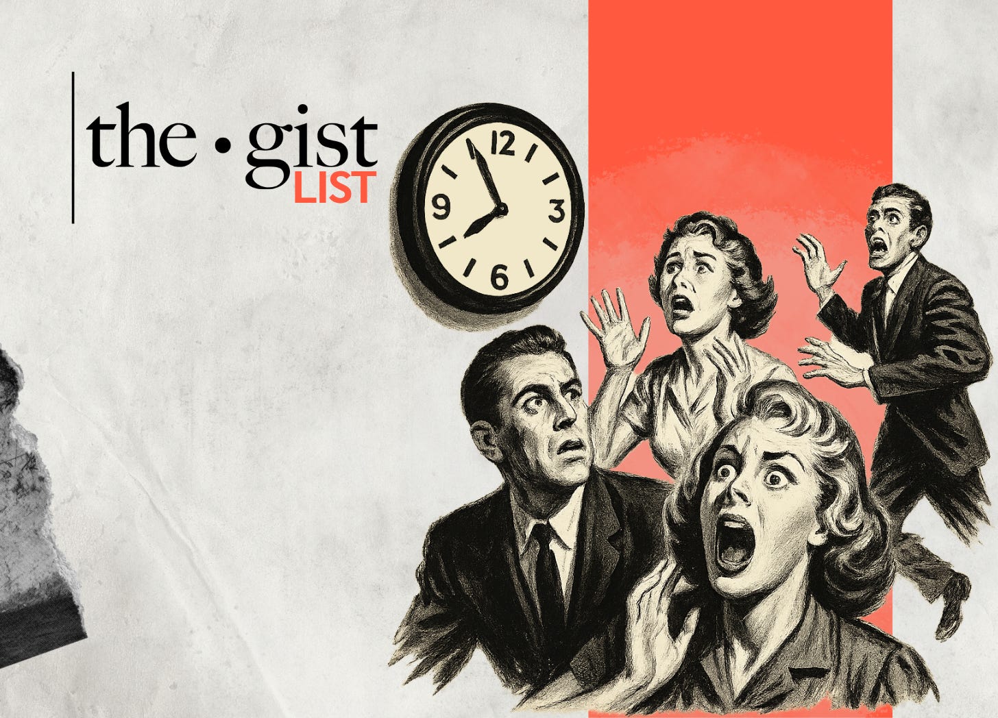 A vintage-style image of people fleeing in terror from a floating wall clock — a parody of a 1950s movie poster illustrating public panic over Daylight Saving Time.