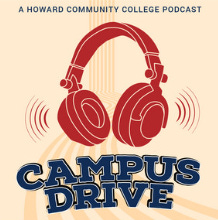 HCC Campus Drive podcast logo with headphones and emanating sounds imagery