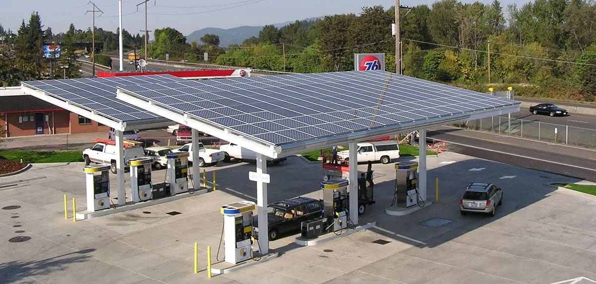 Gas station with solar canopy installed