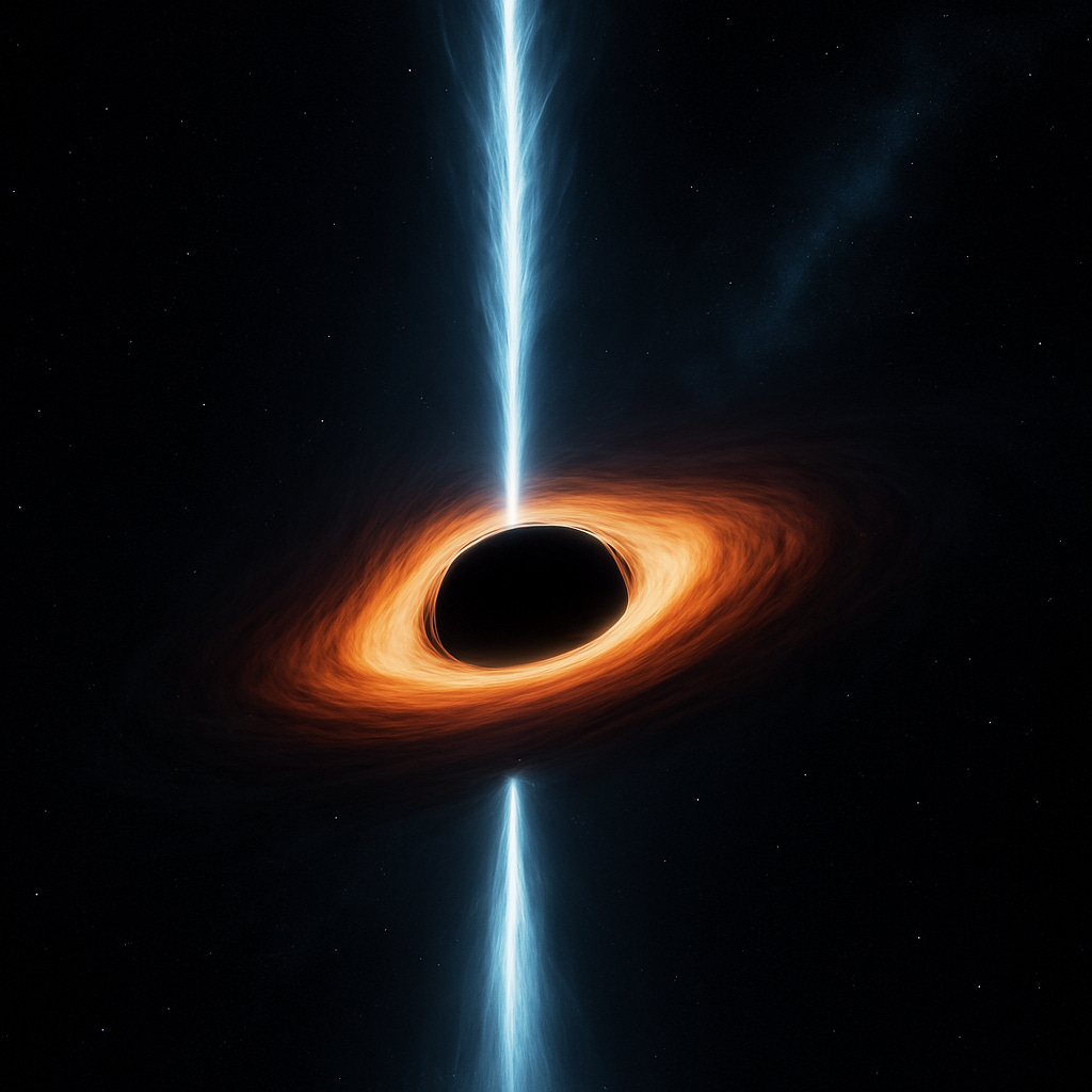 A black hole with a glowing orange accretion disk emits powerful twin relativistic jets — one shooting upward and one downward — as bright blue-white beams piercing the darkness of space. The jets highlight the black hole’s intense magnetic structure and selective, high-energy filtration processes.