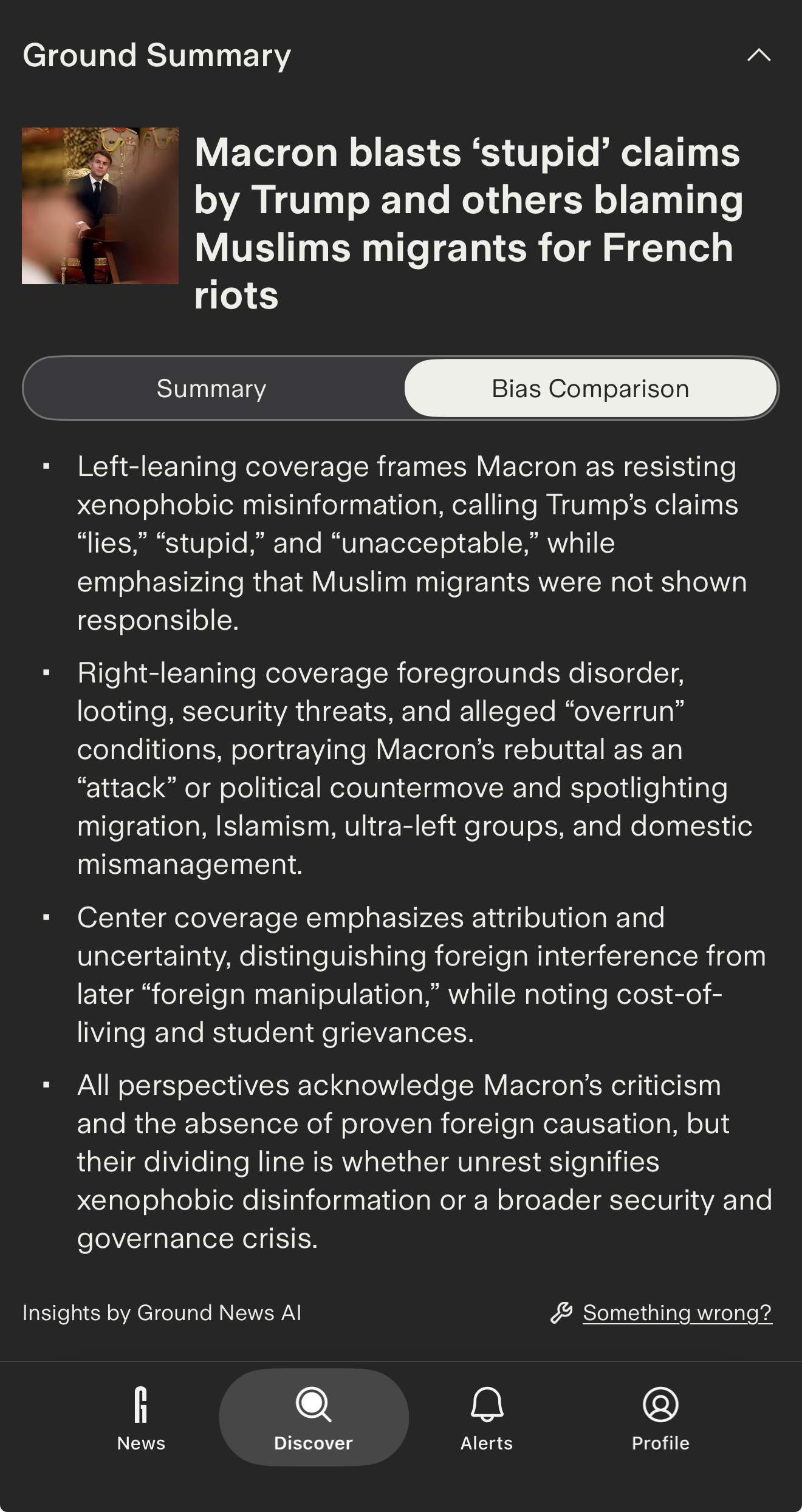 Ground News Bias Comparison screenshot, Macron "stupid" story Ground News Bias Comparison screenshot, Macron "stupid" story