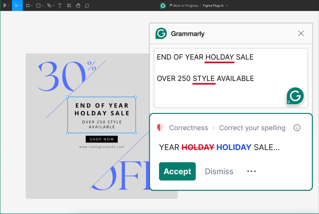 Screenshot of Grammarly Figma plugin