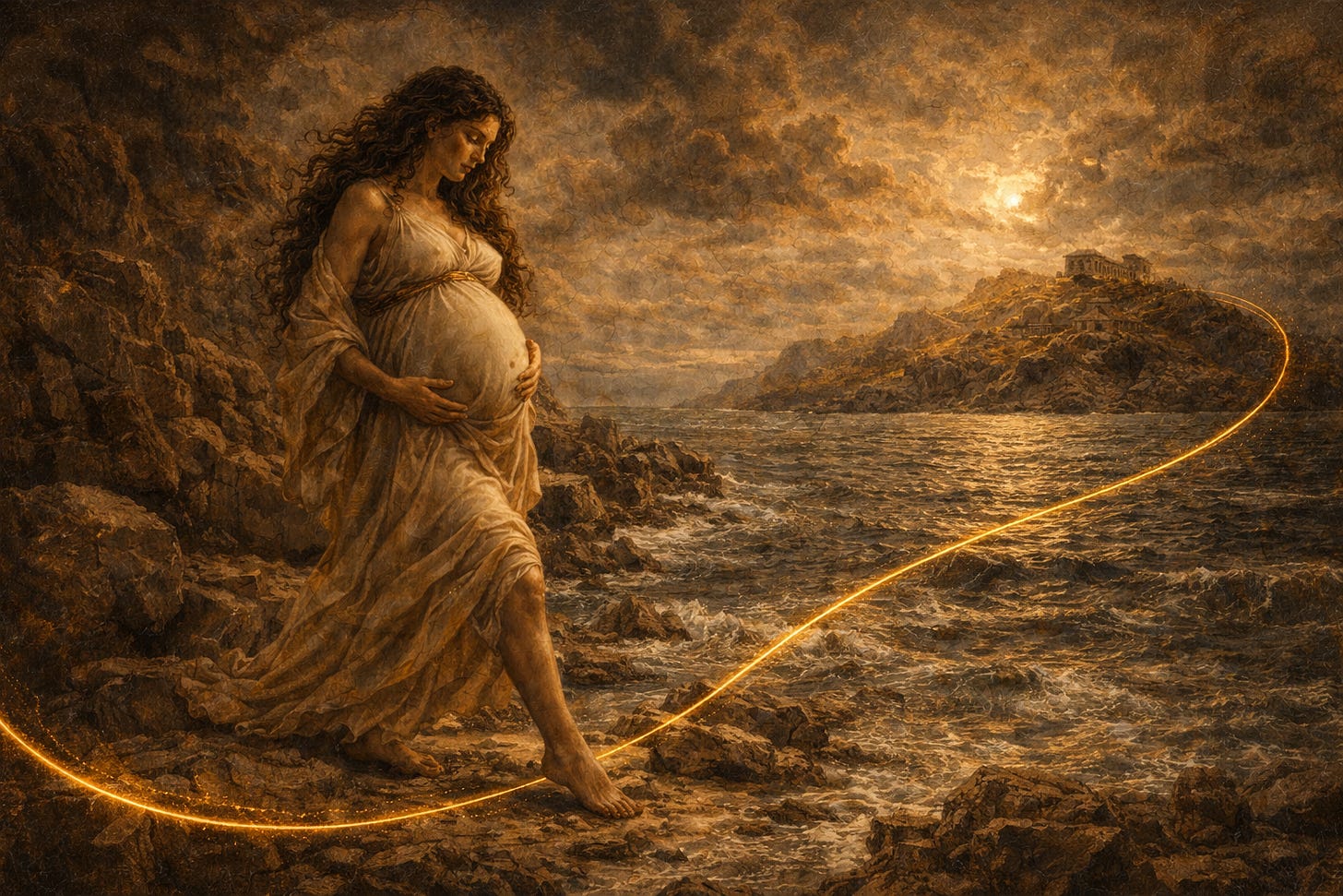 An oil-style painting shows a pregnant woman in flowing cream robes stepping onto a rocky shoreline at sunset, a thin golden thread glowing across the waves toward a distant island temple.