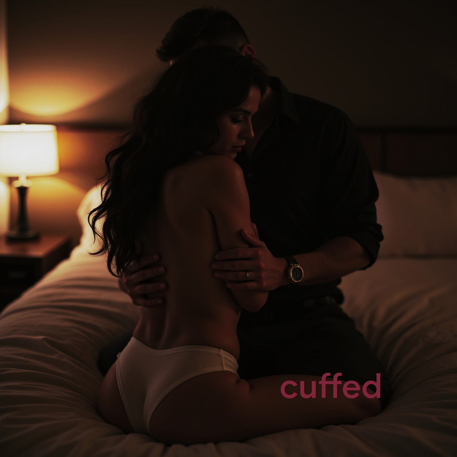 A dimly lit bedroom scene with a man fully clothed in black, holding a nearly nude woman in white panties from behind on a bed. The embrace is intimate yet commanding, capturing the emotional tension of trust, restraint, and power play. Soft shadows and warm lamp light evoke cinematic intimacy. Branding reads “cuffed” in pink.  A dimly lit bedroom scene with a man fully clothed in black, holding a nearly nude woman in white panties from behind on a bed. The embrace is intimate yet commanding, capturing the emotional tension of trust, restraint, and power play. Soft shadows and warm lamp light evoke cinematic intimacy. Branding reads “cuffed” in pink.