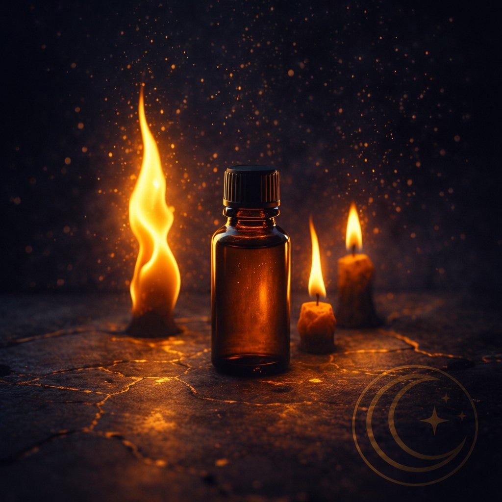 MoonInMental aromatherapy image for Sun square Jupiter and Mars enters Aries week April 2026. Three flames of different heights around an amber bottle on dark stone representing channeled fire energy and nervous system regulation through expansion