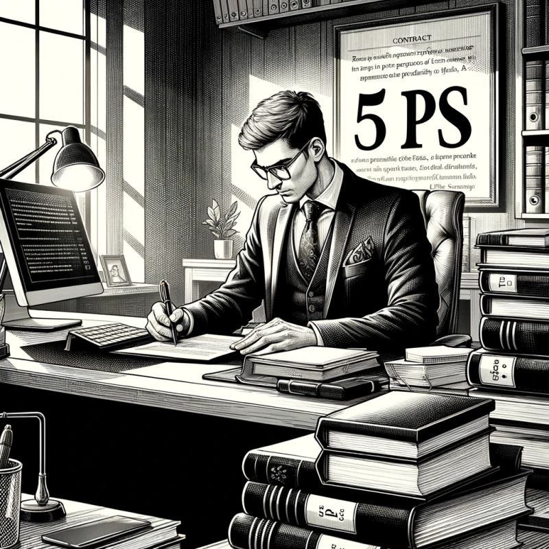 Advogado elegante em escritório clássico, escrevendo com foco diante de uma placa com os “5 Ps” — representação visual da importância da preparação estratégica no trabalho jurídico.