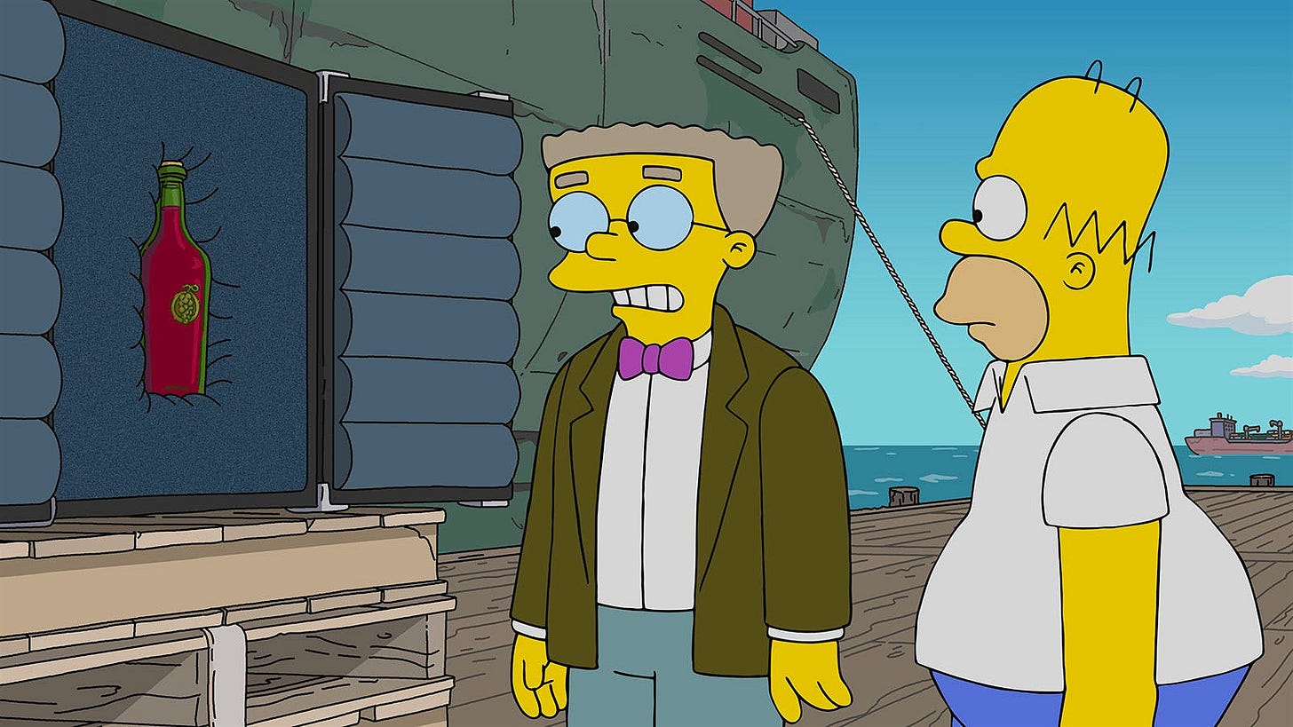 Waylon Smithers and Homer Simpson eye a rare bottle of Burgundy.
