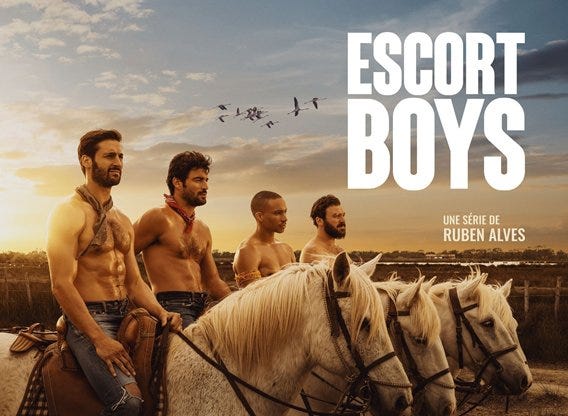 Show promo photo for Escort Boys; four shirtless men on horses in a line