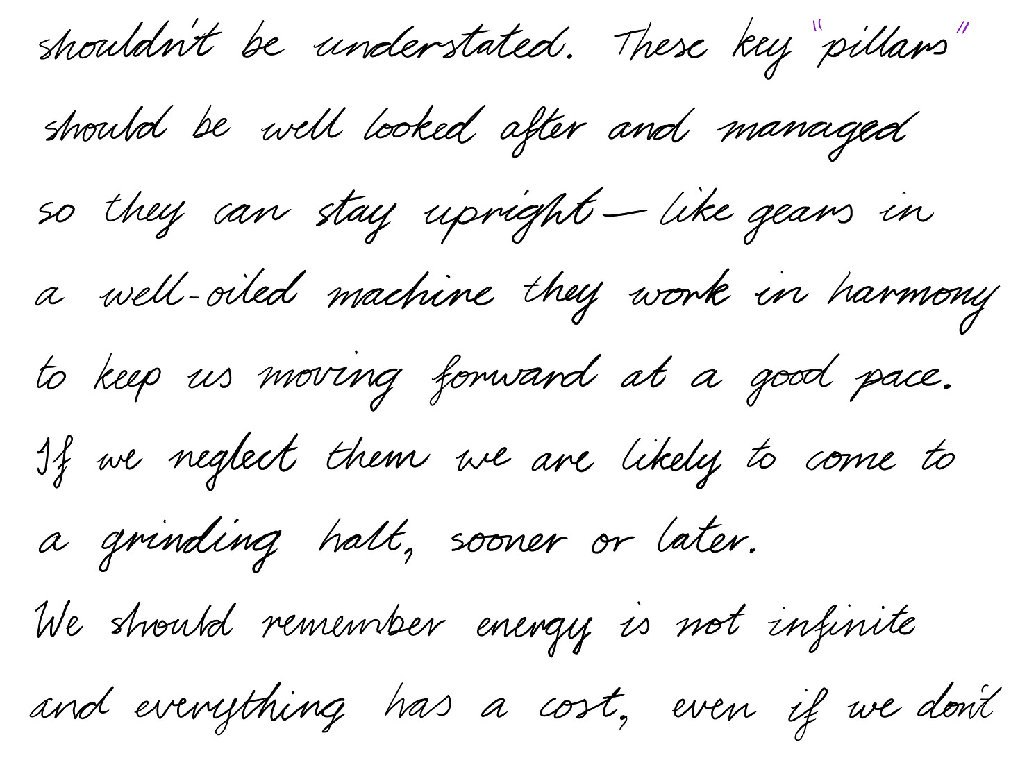 shouldn't be understated. These key "pillars" should be well looked after and managed so they can stay upright–like gears in a well-oiled machine they work in harmony to keep us moving forward at a good pace. If we neglect them we are likely to come to a grinding halt, sooner or later. We should remember energy is not infinite and everything has a cost, even if we don't