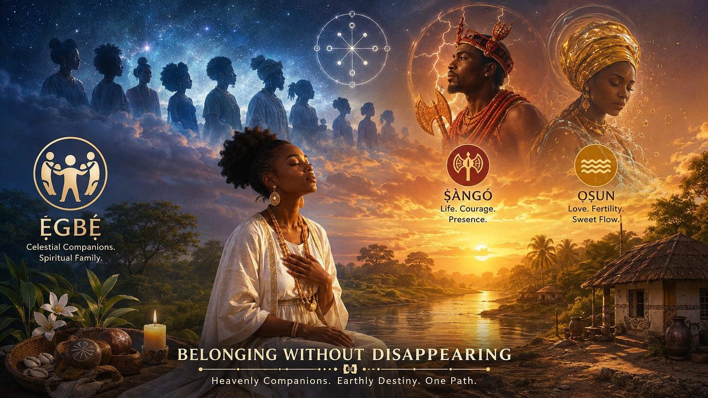 A woman dressed in white sits beside a glowing river at sunset, with celestial companions appearing in the star-filled sky behind her. Ṣàngó and Ọ̀ṣun are represented above the landscape, symbolizing life force, love, fertility, and the relationship between heavenly belonging and earthly destiny. A woman dressed in white sits beside a glowing river at sunset, with celestial companions appearing in the star-filled sky behind her. Ṣàngó and Ọ̀ṣun are represented above the landscape, symbolizing life force, love, fertility, and the relationship between heavenly belonging and earthly destiny.