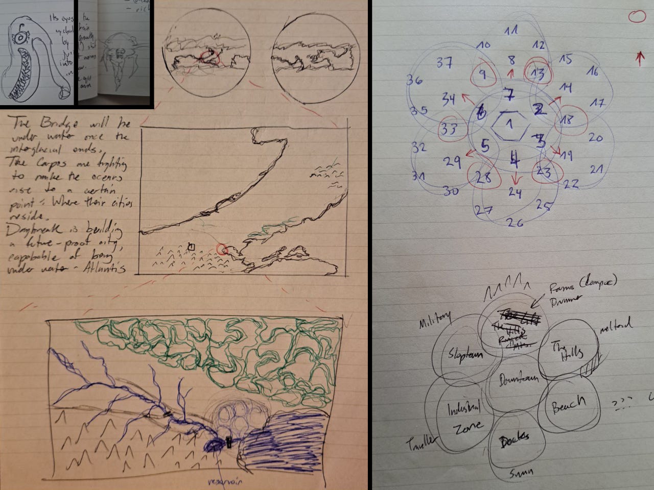 Image collage. Top left corner are a couple of dumb gross sketches of The Swan and its eyeball bug (that I fuckin swear I wrote before the show started). Below that on the right, is a series of maps. First a pair of circular hemisphere maps; a zoom on a landbridge section, then another zoom on a bay of that landbridge shows a river surrounded by swamps to the north and mountains to the south; a bunch of circles depict the zones covering the ciyt. On the right are a pair of abstract, sketched out hexmaps of said city: top hex map with arrows for alien infiltration and crossover bits and (bottom) a venn diagram of the 7-hex flower zones of the city overlapping.