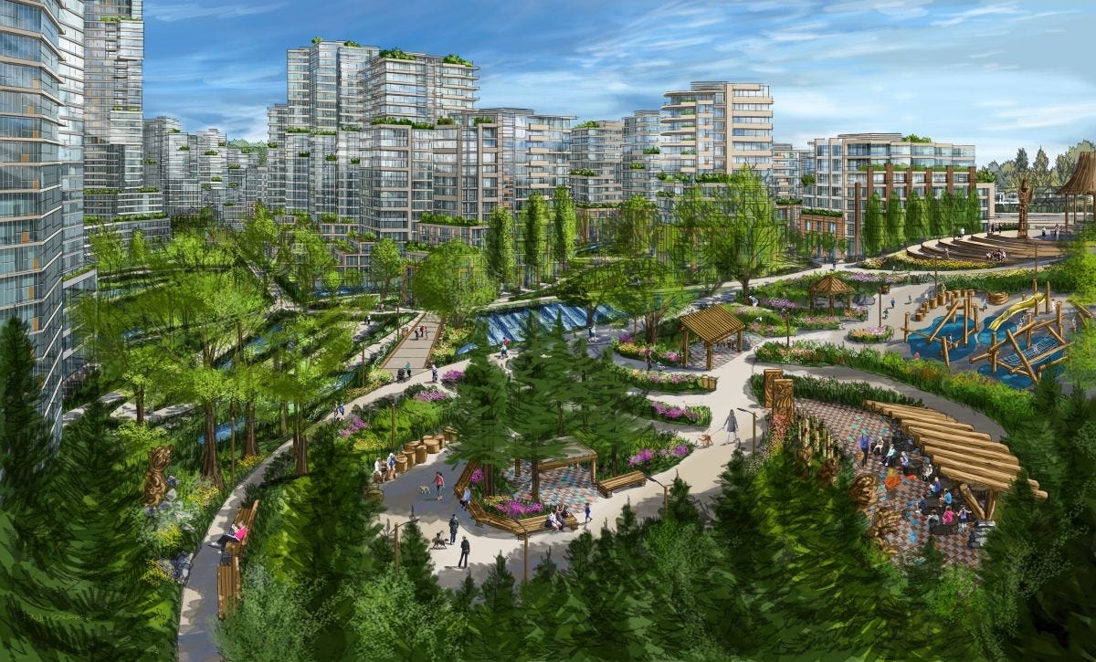 A concept image from the application showing a leafy green public space surrounded by mid- and high-rise buildings.