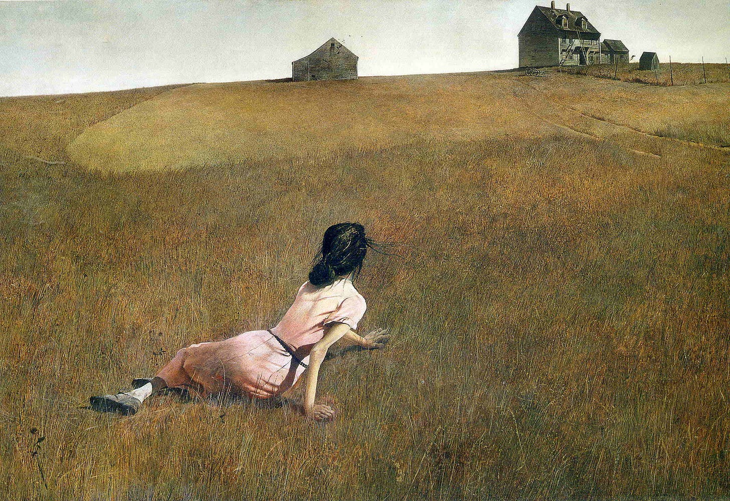 Andrew Wyeth painting Christina World, a woman in a pink dress lying in a dry grass field looking up toward a gray farmhouse on the horizon