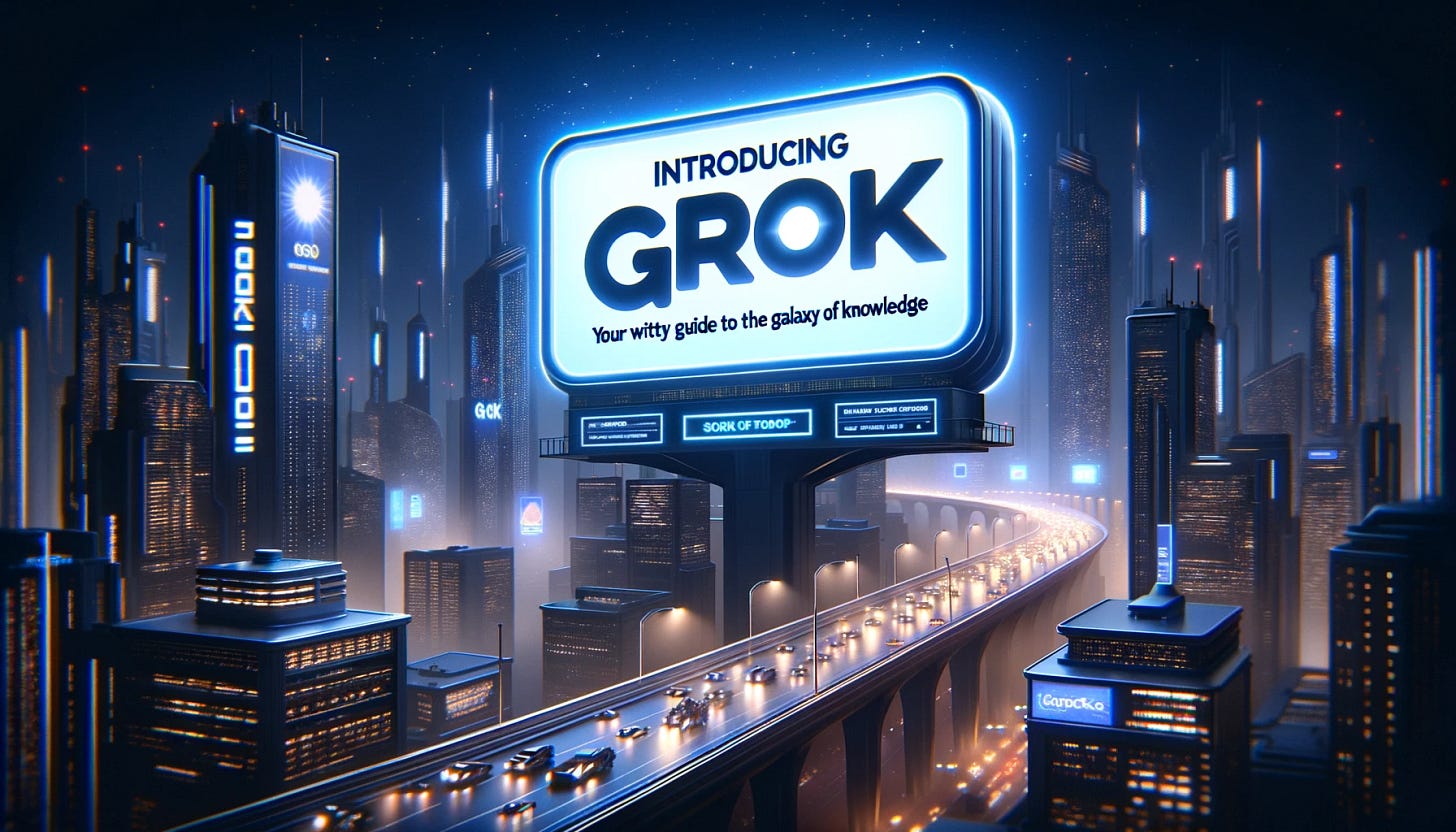 Design an editorial image featuring a futuristic cityscape at night with a large, clear billboard that reads 'Introducing Grok!'. The billboard should be illuminated, standing out against the city lights. Below the main text, in smaller but still legible font, include 'Your Witty Guide to the Galaxy of Knowledge'. The city should have a modern, high-tech vibe, with sleek buildings, flying cars, and subtle hints of advanced technology like holograms or light streams to reflect the advanced nature of the AI. The setting should evoke a sense of excitement and novelty, symbolizing the cutting-edge aspect of Grok in a world that's eager to embrace new AI technology. Design an editorial image featuring a futuristic cityscape at night with a large, clear billboard that reads 'Introducing Grok!'. The billboard should be illuminated, standing out against the city lights. Below the main text, in smaller but still legible font, include 'Your Witty Guide to the Galaxy of Knowledge'. The city should have a modern, high-tech vibe, with sleek buildings, flying cars, and subtle hints of advanced technology like holograms or light streams to reflect the advanced nature of the AI. The setting should evoke a sense of excitement and novelty, symbolizing the cutting-edge aspect of Grok in a world that's eager to embrace new AI technology.