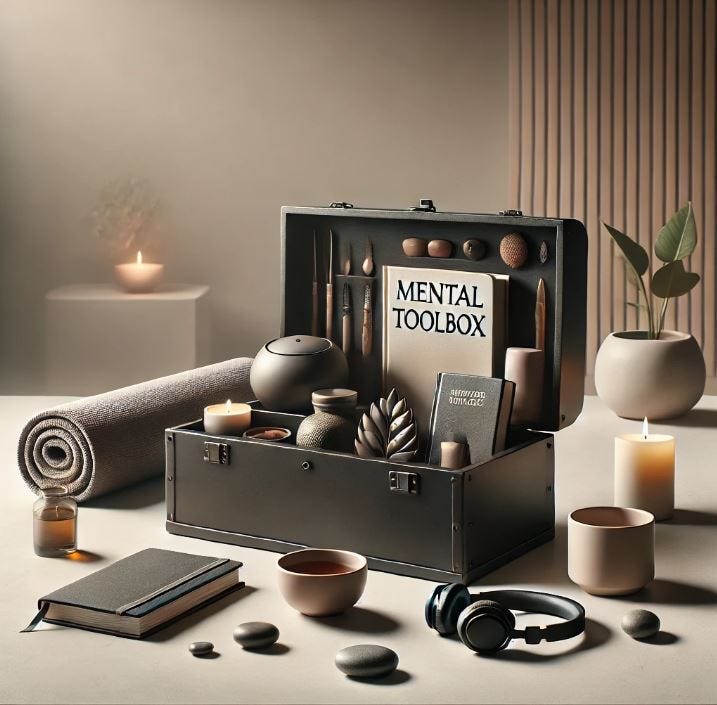 A mental toolbox filled with essential tools for addiction recovery, including a journal, meditation aids, and self-care items, symbolizing resilience and personal growth. A mental toolbox filled with essential tools for addiction recovery, including a journal, meditation aids, and self-care items, symbolizing resilience and personal growth.