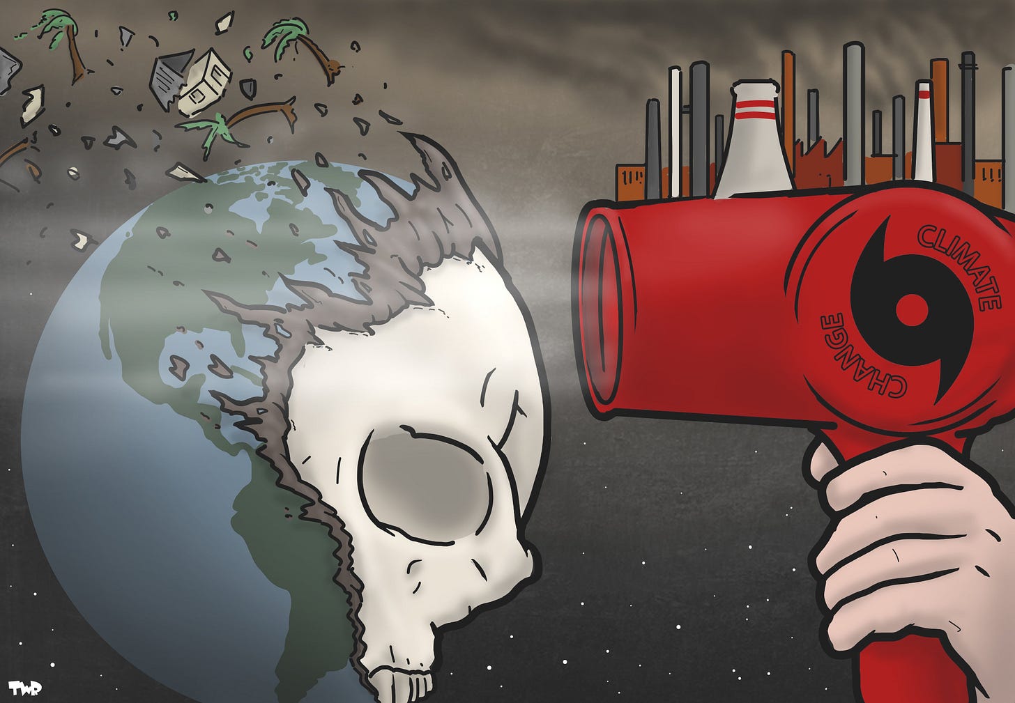 Cartoon showing a giant hair dryer labeled 'Climate change' blowing towards the earth with such force that the planet loses its skin, revealing a skull underneath.