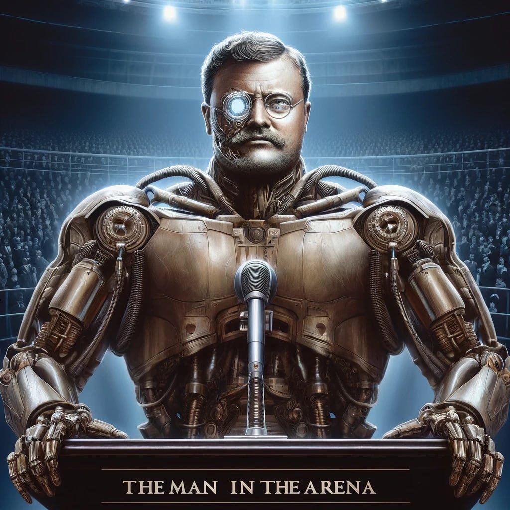 A detailed and dramatic image of a slightly chubbier cyborg version of Teddy Roosevelt standing at a podium. He is depicted with mechanical arms, one of which grips the podium, and cybernetic enhancements around his eyes and chest. The setting is a dimly lit arena, with an audience barely visible in the background. The caption 'The Man In The Arena' is prominently displayed at the bottom of the image in bold, strong font. The style should evoke a sense of strength and determination, with metallic elements reflecting light, contrasting with the organic parts of Roosevelt's face and body. Roosevelt should appear more robust, with a slightly fuller face and body.