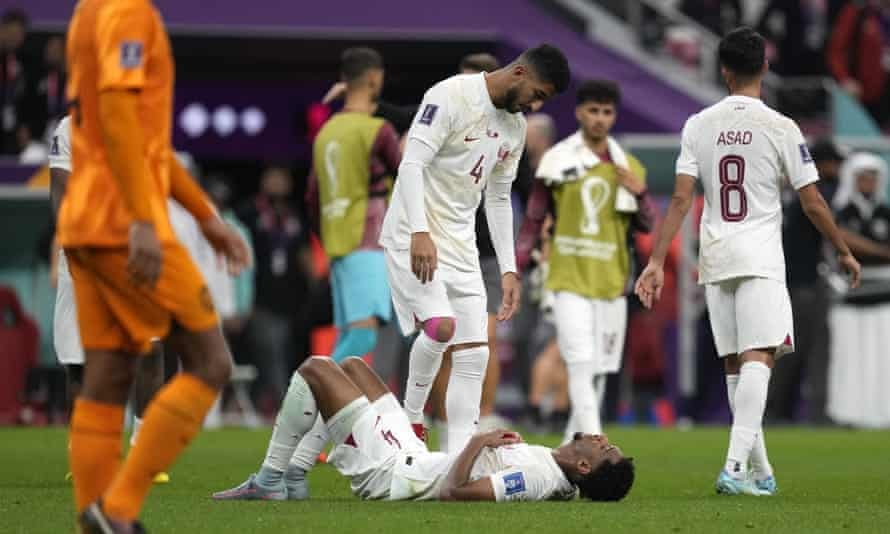 Qatar’s players react at the end of the match with the Netherlands, having set the record for worst performance by a host nation at a World Cup since it began in 1930. Qatar’s players react at the end of the match with the Netherlands, having set the record for worst performance by a host nation at a World Cup since it began in 1930.