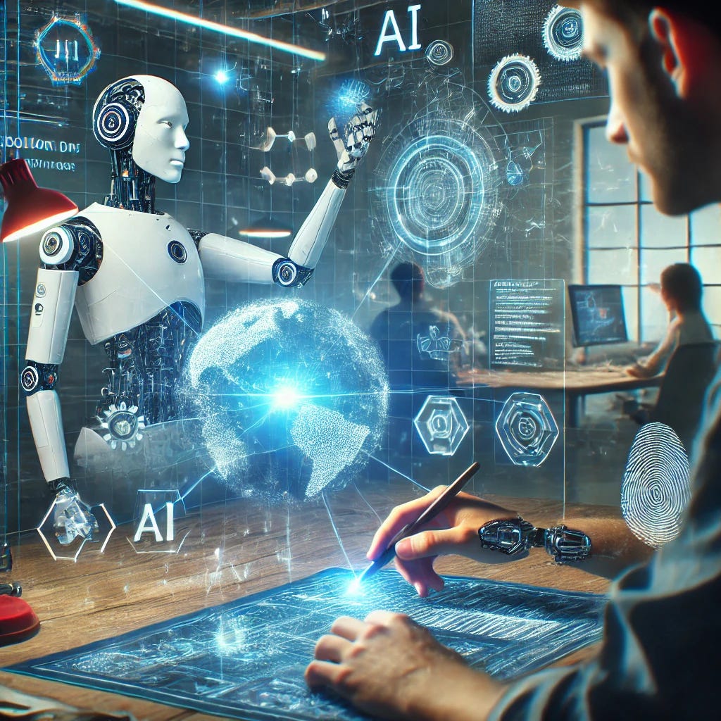 A futuristic digital workspace with an AI-powered assistant helping a human engineer build a creative project. The scene should include holographic code, a robotic hand assisting in design, and a high-tech yet approachable atmosphere. The human is engaged, experimenting with ideas, and using AI as a tool rather than being replaced by it.