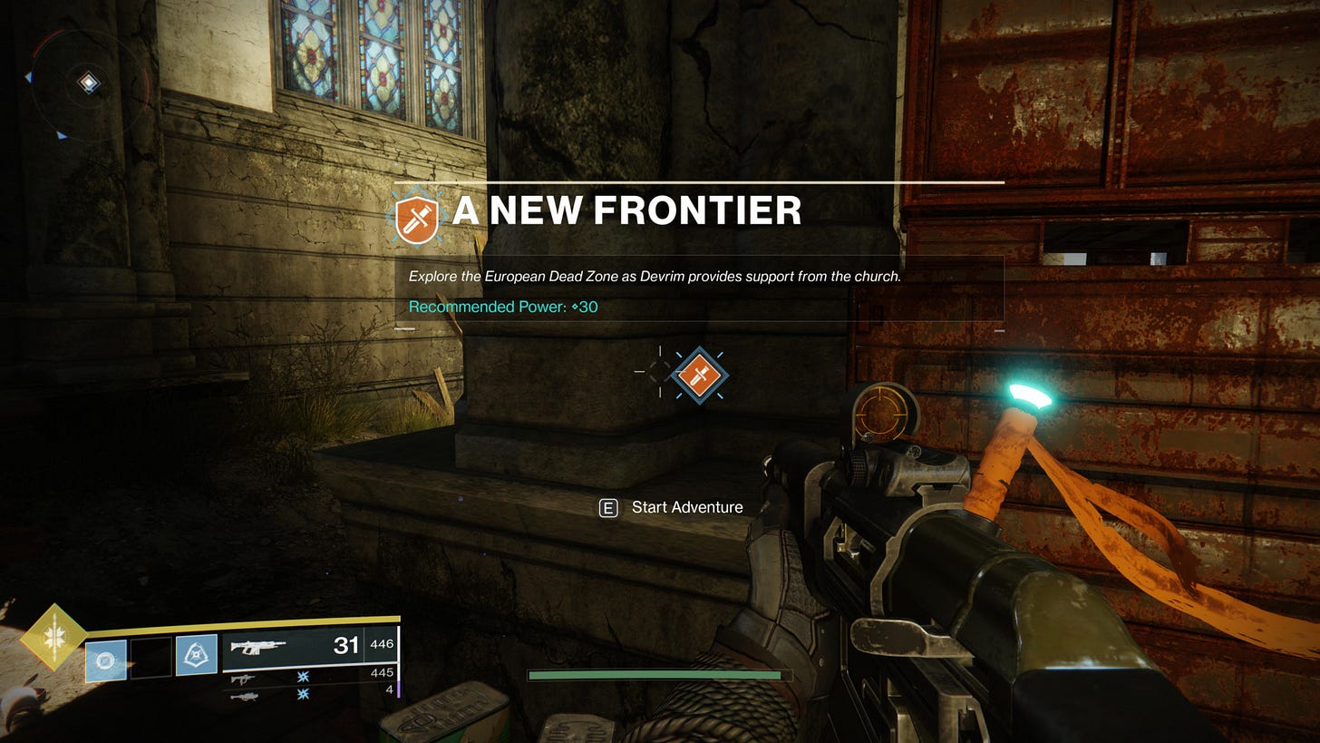 A new frontier screenshot of Destiny 2 video game interface.