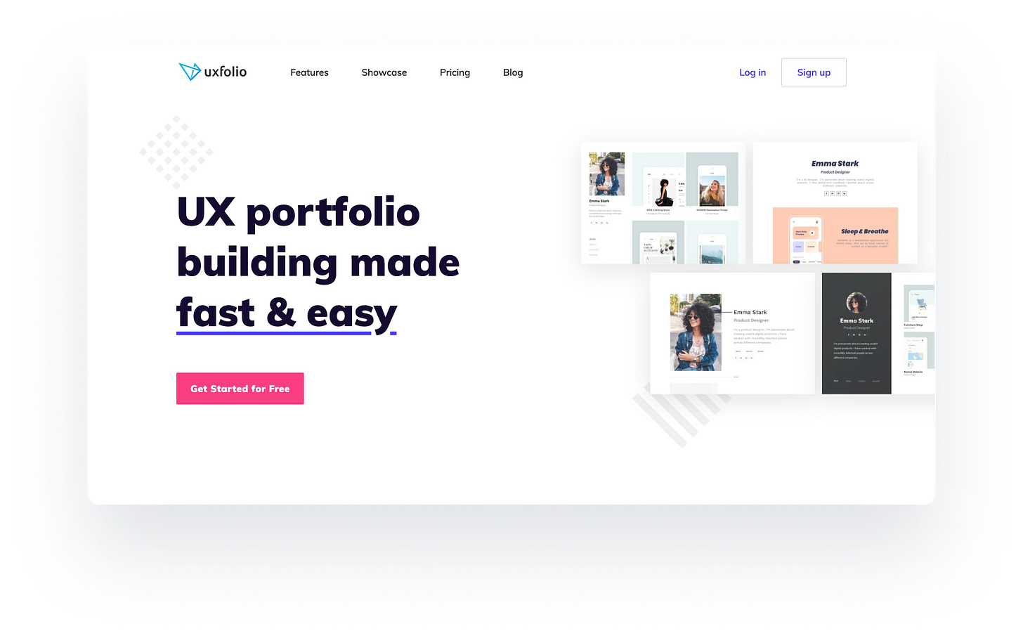 A screenshot of the website Uxfolio, a tool used to effortlessly create a portfolio for your design work. A screenshot of the website Uxfolio, a tool used to effortlessly create a portfolio for your design work.