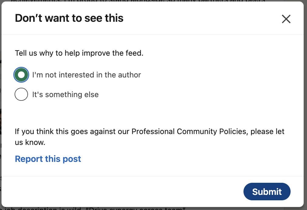 Social media feedback form with options to improve content feed.