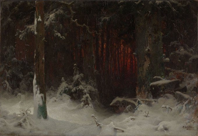 A classic oil painting portrays a dark, dense forest in winter with tall trees covered in snow and icicles hanging from branches. The ground is blanketed in deep snow drifts scattered with fallen branches. A faint reddish light glows from within the woods, illuminating the scene mysteriously. Snow clings to trunks and rocks throughout the composition.