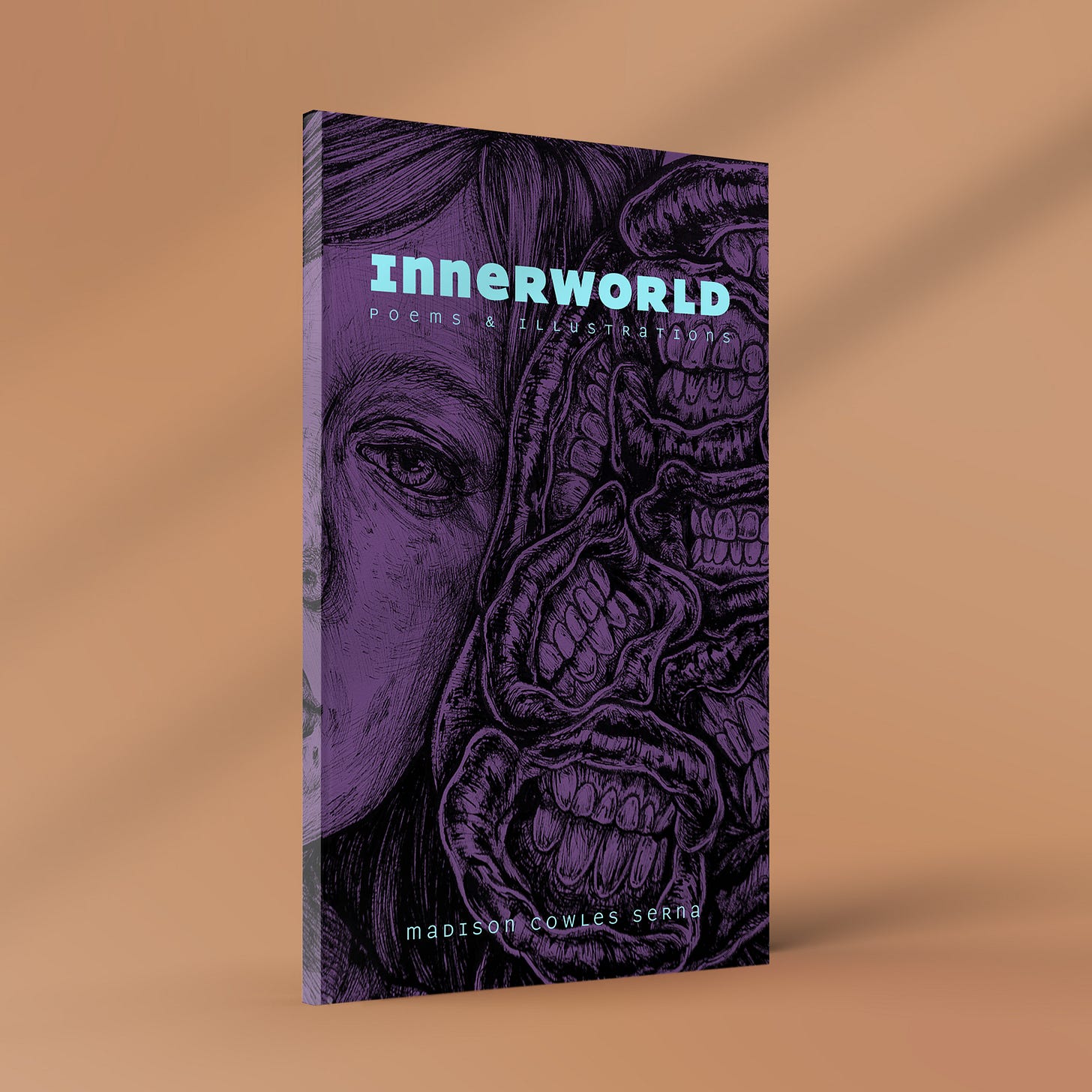 Innerworld book cover. The cover is purple with a black ink drawing by the artist, and light blue text that says "Innerworld: Poems & Illustrations."