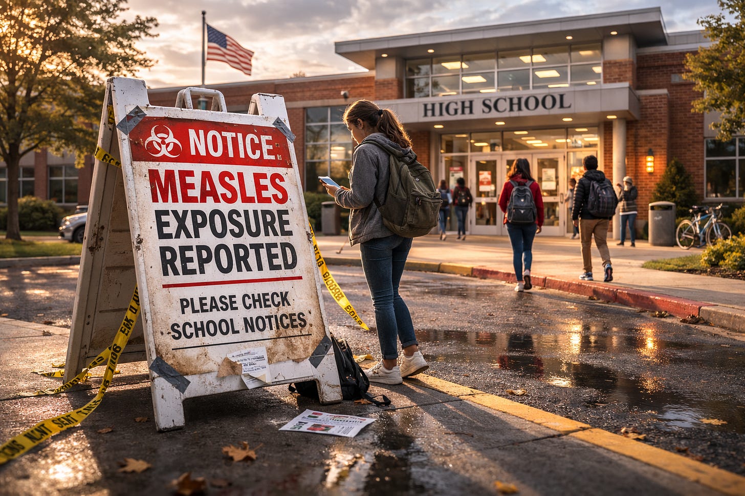 Measles exposure notice posted outside a high school as students return to campus