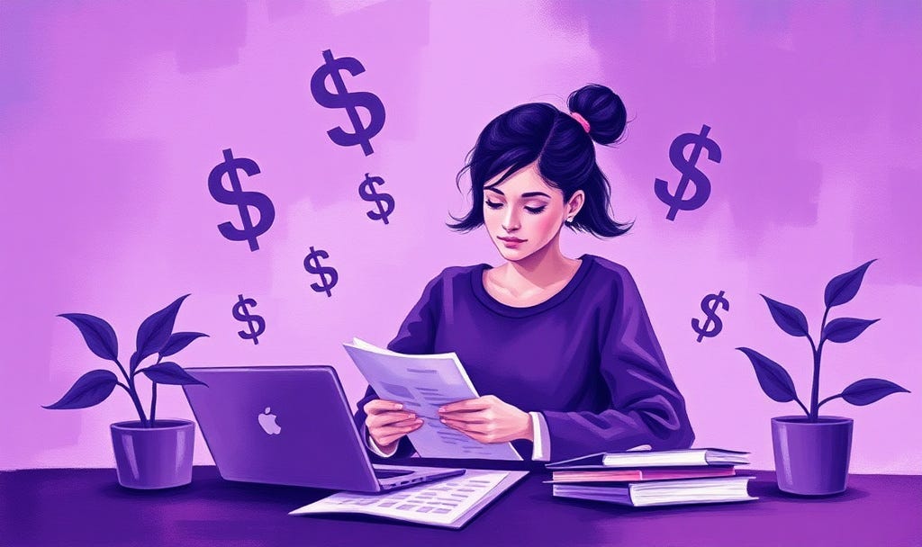 Female CMO sitting at her desk in front of her laptop reviewing her budget