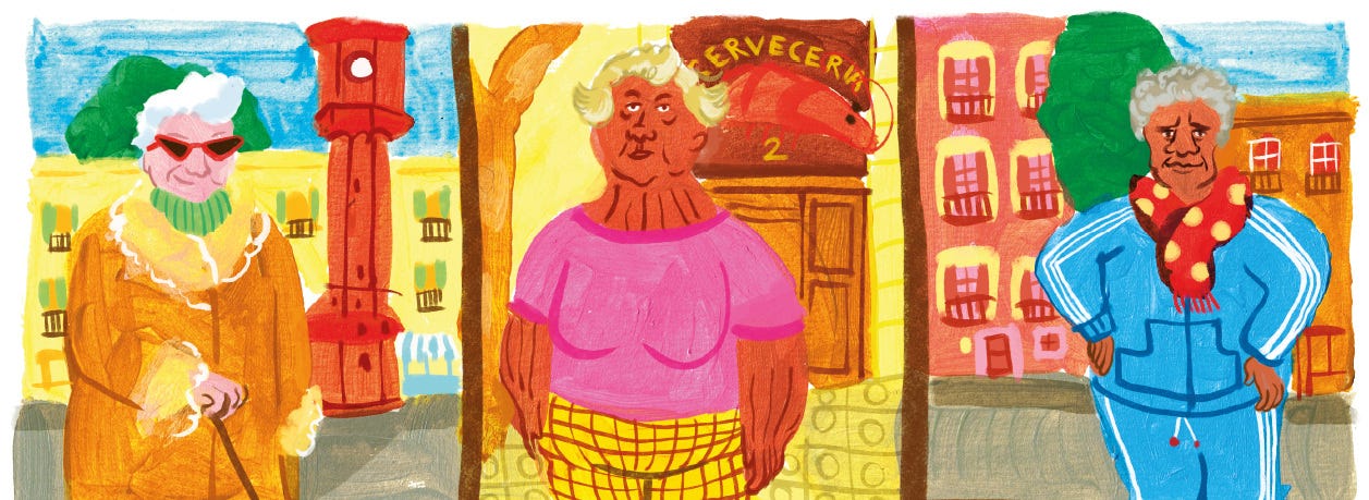 Illustrazione dalla graphic novel Aiguagim di Marina Saez: tre donne di età alta dipinte di fronte a scenari diversi di Barcellona - una piazza, un bar e un quartiere popolare.