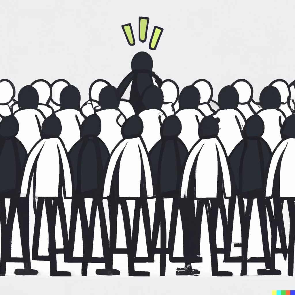 Group of people all thinking the same with one leader commincating the narrative. 