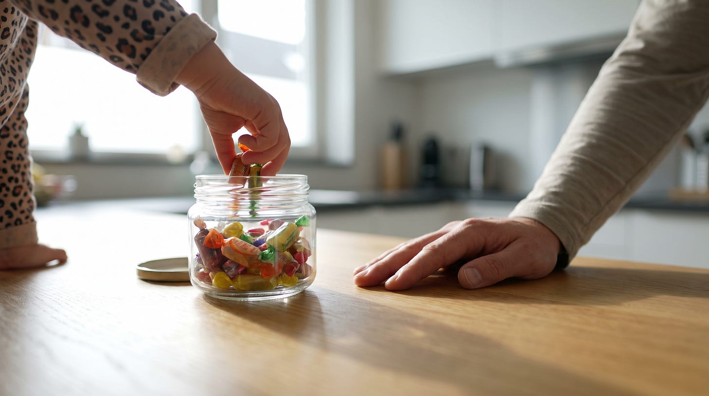 Op een keukenaanrecht staat een open snoeppot waar een kinderhand in graait, terwijl de hand van een volwassene er vlak naast op het blad blijft liggen