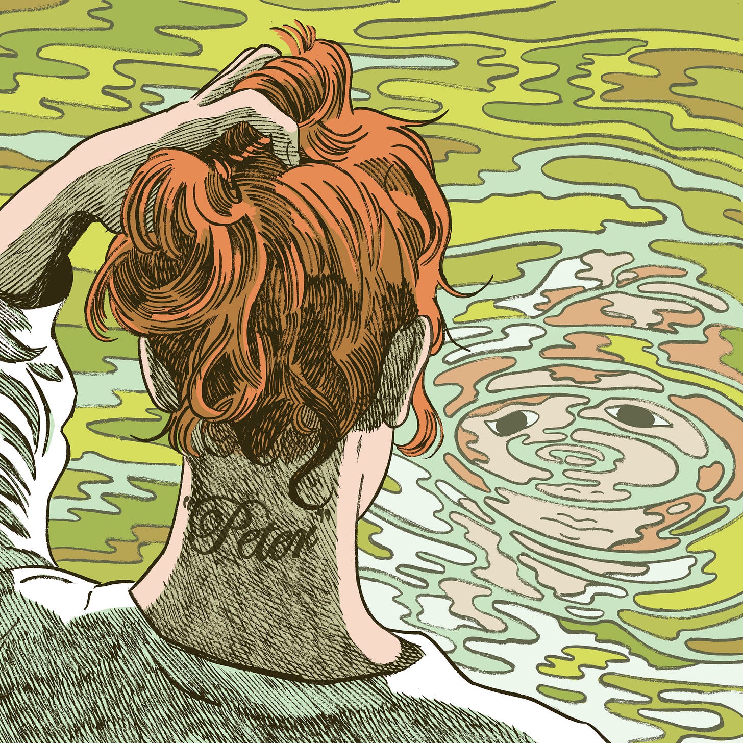 An illustration of a red-haired woman showing a "Peter" tattoo on the back of her neck, beside a river