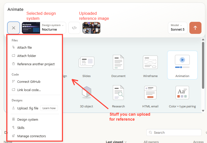 Annotated Claude Design setup showing the template, design system, uploaded reference image, and source file controls.