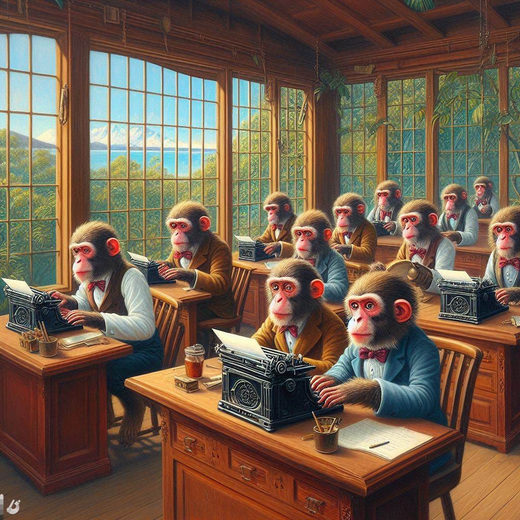 a painting depicting many monkeys working on typewriters