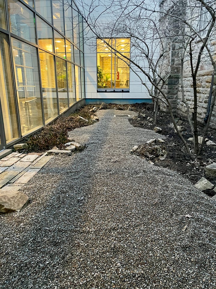 The Contemplation Garden at mid-construction and now with its new layout. Planting and more rocks still on their way! 