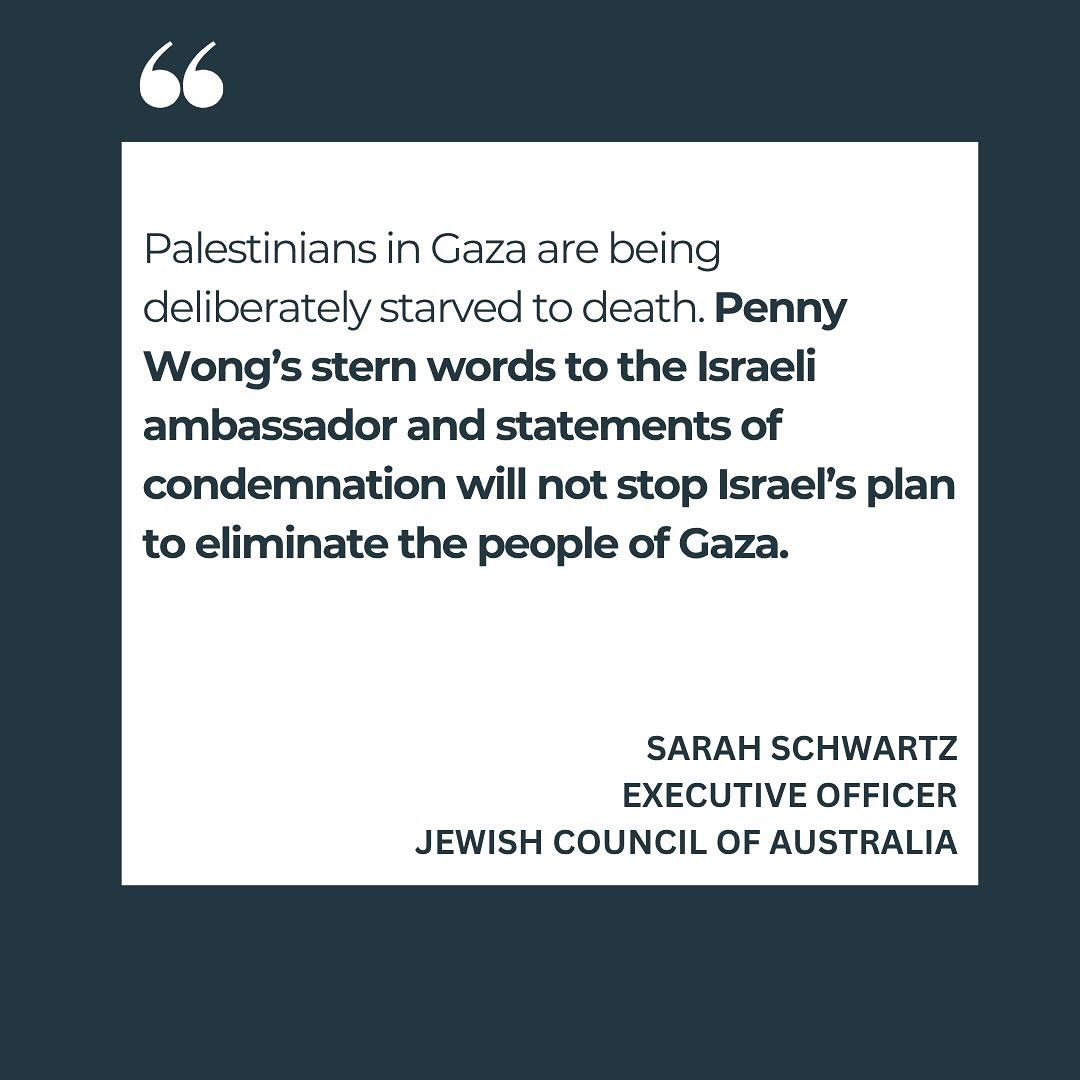 May be an image of text that says "Palestinians in Gaza are being deliberately starved to death. Penny Wong's stern words to the Israeli ambassador and statements of condemnation will not stop Israel's plan to eliminate the people of Gaza. SARAH SCHWARTZ EXECUTIVE OFFICER JEWISH COUNCIL OF AUSTRALIA"