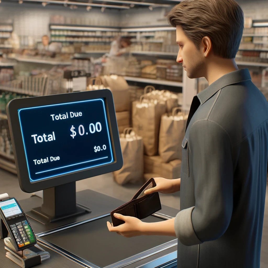 A realistic photo of a person standing at a cash register with the total displayed as $0.00. The person is holding a wallet and looks ready to pay but has a confused expression because the total Due is $0.00. The scene is in a modern store with a typical checkout counter, barcode scanner, and shopping bags visible in the background.