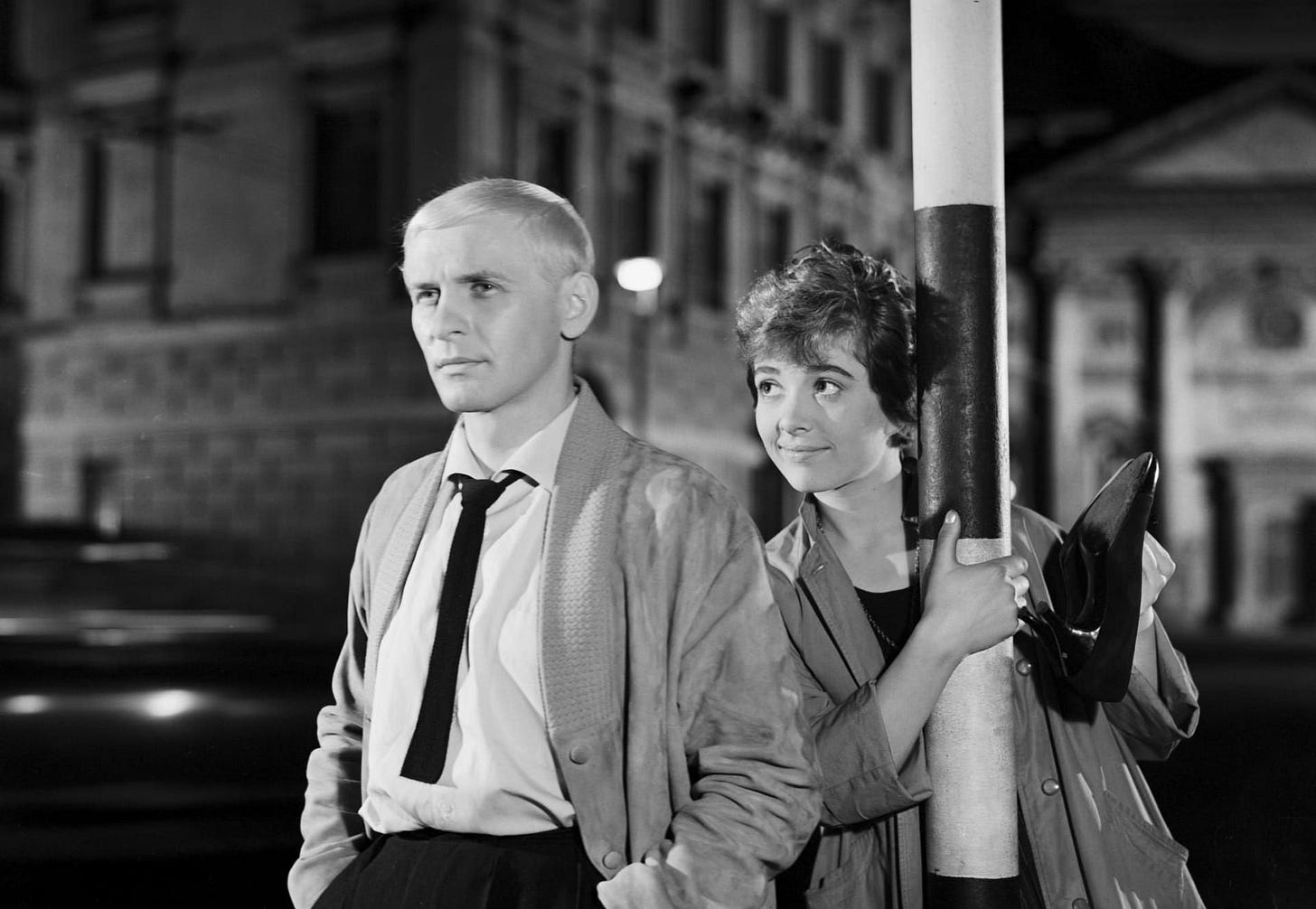 Bazyli (Tadeusz Łomnicki) and Pelagia (Krystyna Stypułkowska) during their nocturnal Warsaw perambulation in ‘Innocent Sorcerers’ (‘Niewinni czarodzieje’, 1960). Bazyli (Tadeusz Łomnicki) and Pelagia (Krystyna Stypułkowska) during their nocturnal Warsaw perambulation in ‘Innocent Sorcerers’ (‘Niewinni czarodzieje’, 1960).