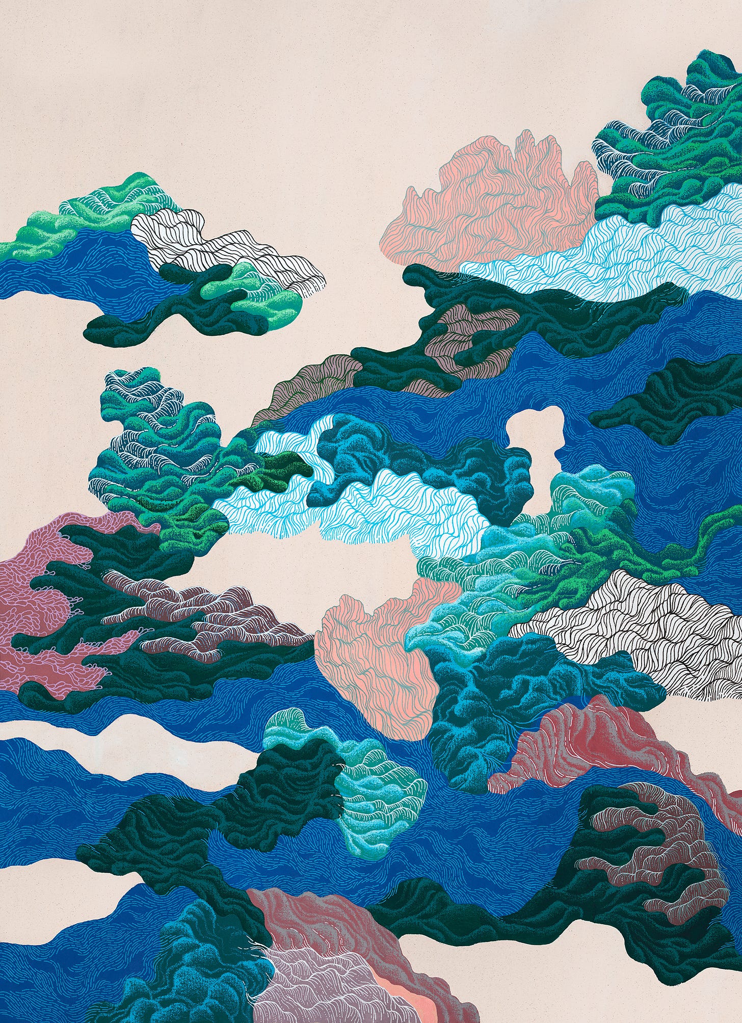 Abstract painting by Moti Tavassoli with layered color and organic, topographical forms.