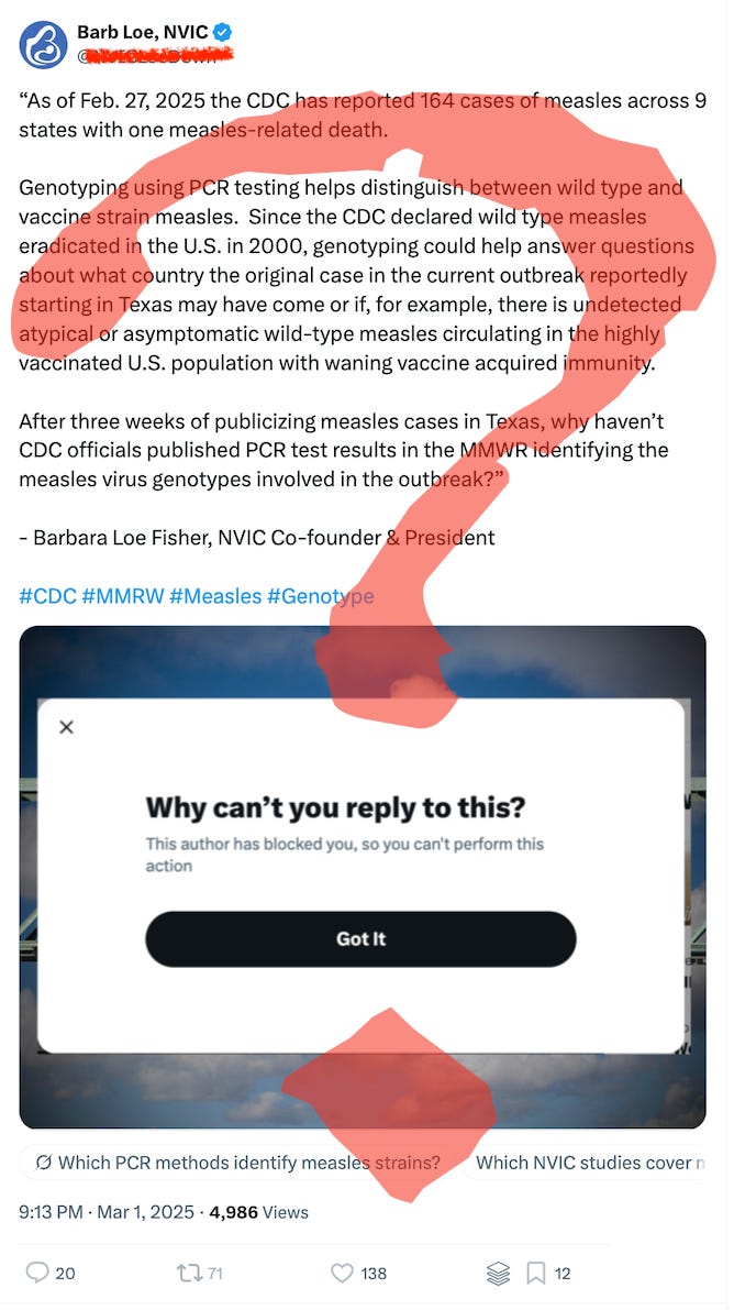 If she really wants an answer to her question, why does she block folks from answering? Or why didn’t she simply ask the Texas Dept of Health like I did?