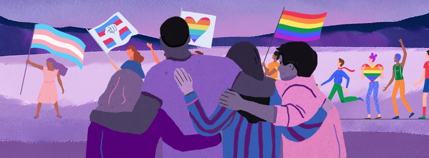 people standing with their backs to the camera. a pride parade goes on the background people standing with their backs to the camera. a pride parade goes on the background