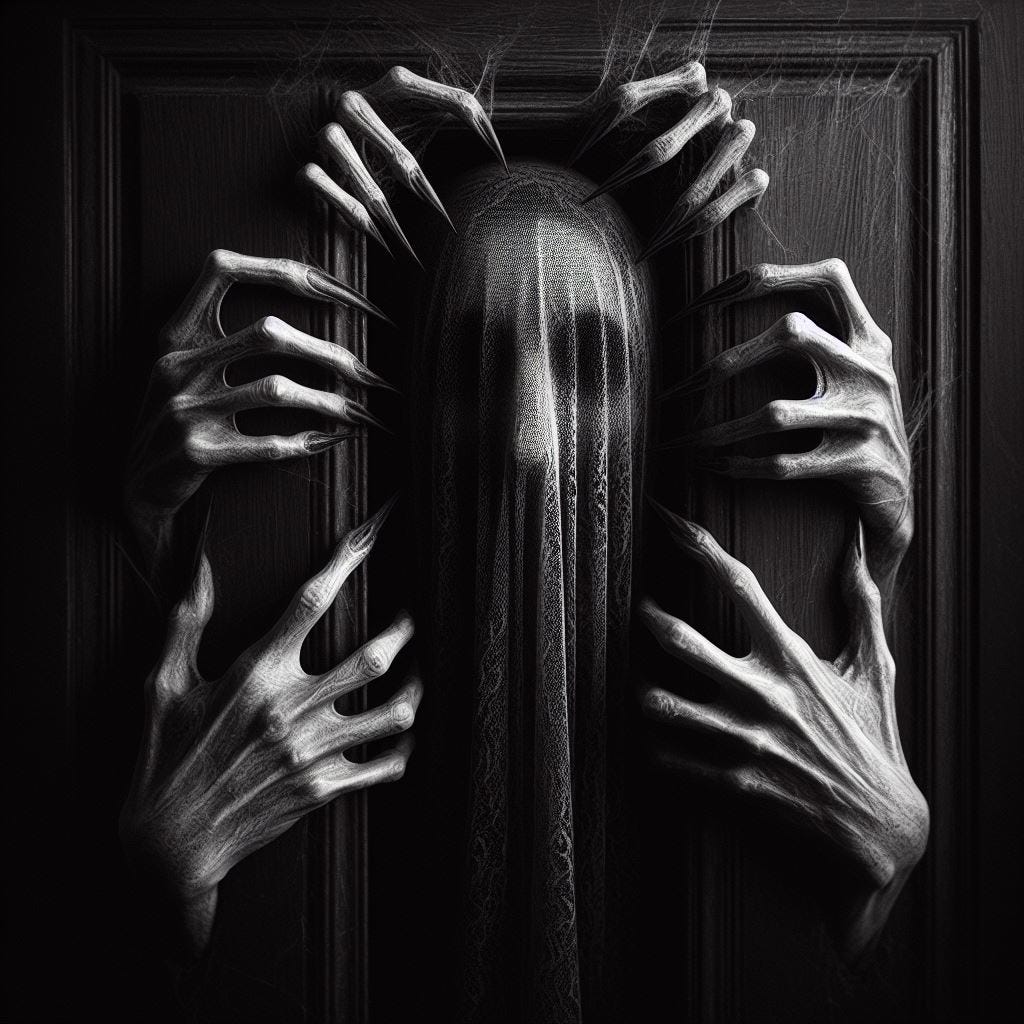 crea la imagen de un par de manos alargadas agarrándose del marco de una puerta y una cara fantasmágorica asomándose por ella, con un velo blanco, en blanco y negro